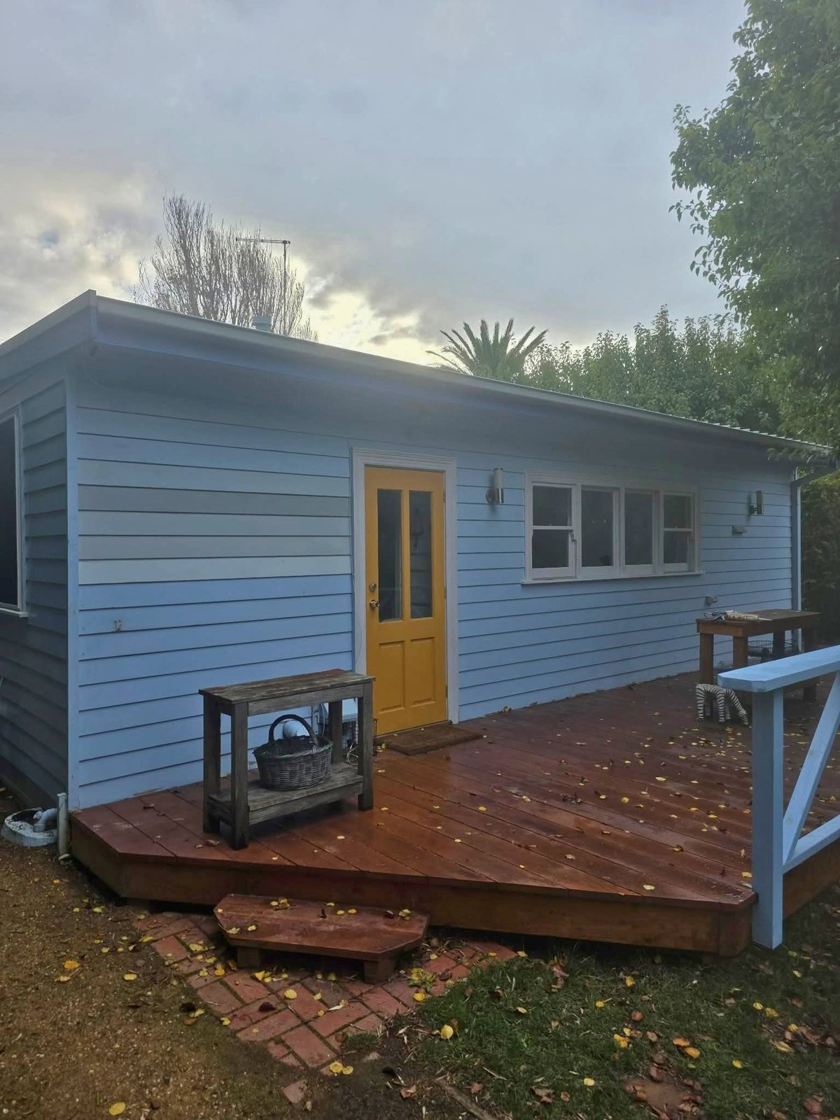 Light blue modern tiny house with yellow door, wooden deck, palm tree, and surrounding vegetation under cloudy sky