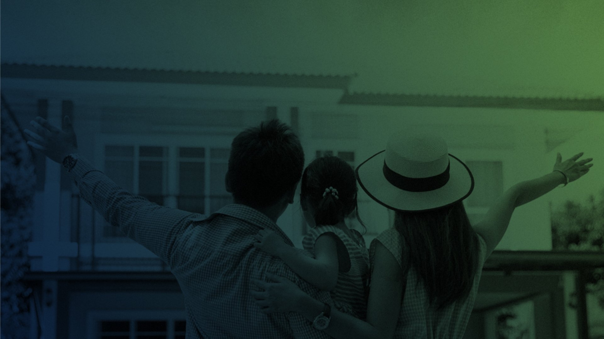 Three people viewed from behind on a balcony pointing toward buildings, with blue-green color overlay