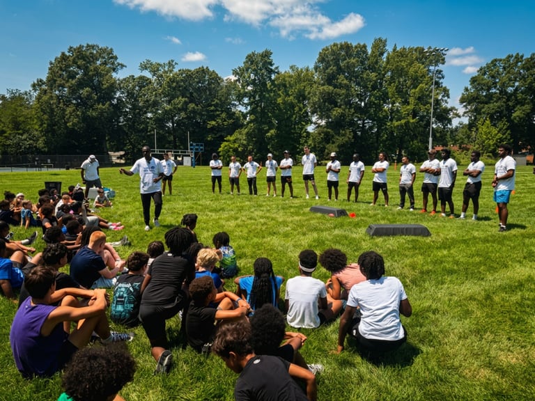 Group of young athletes in black and gold uniforms standing in a circle on a grass field during a team gathering or practice session
