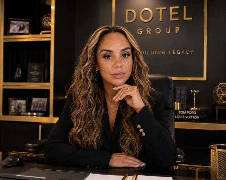 Fundadora de Dotel Group sentada en su oficina de lujo con branding dorado detrás