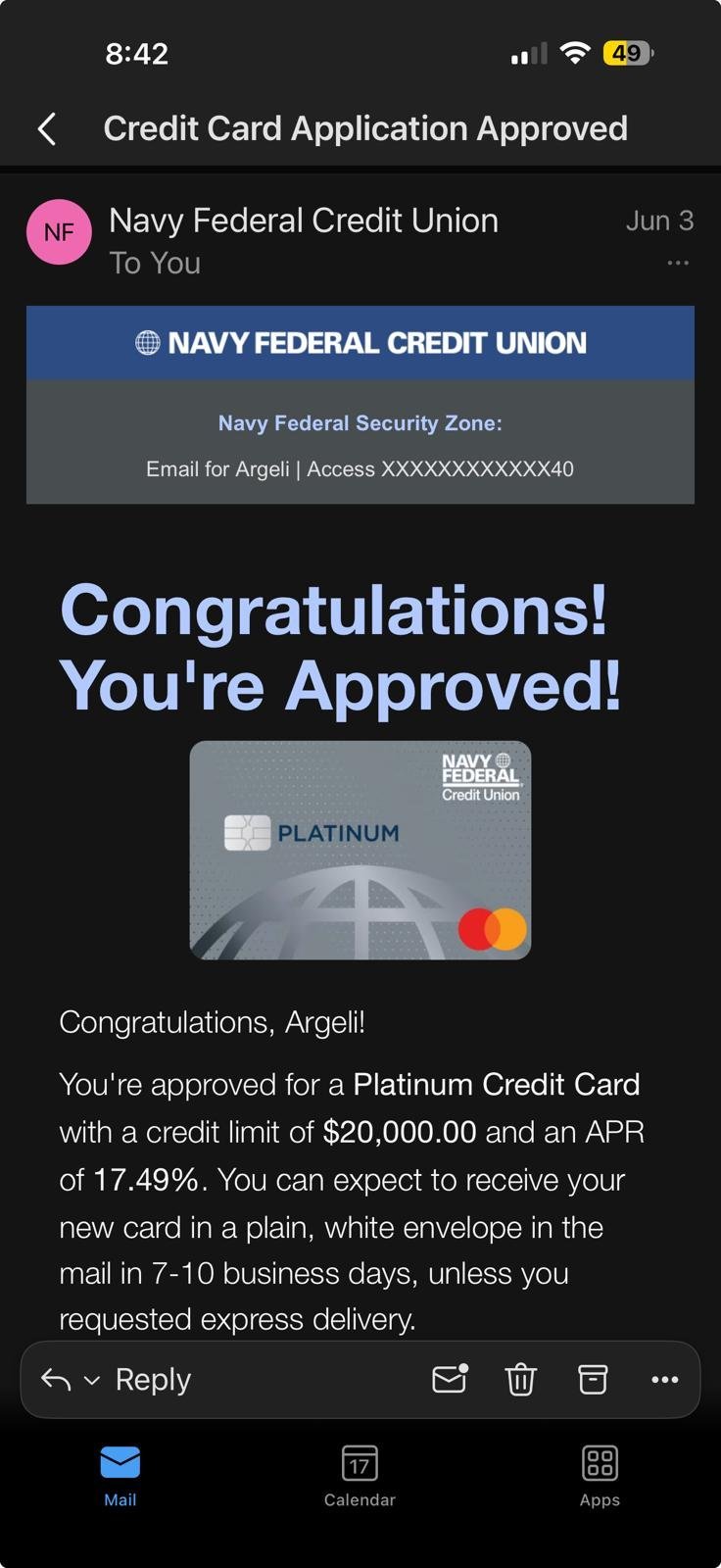 Email notification from Navy Federal Credit Union approving a Platinum Credit Card application with $20,000 credit limit and 17.49% APR