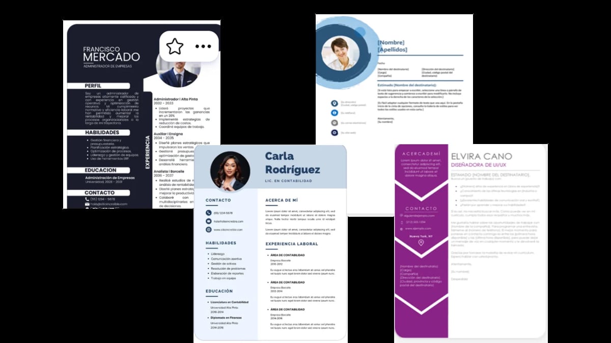 Colección de cuatro plantillas profesionales de CV en diferentes diseños y paletas de color: navy, azul, azul claro y púrpura
