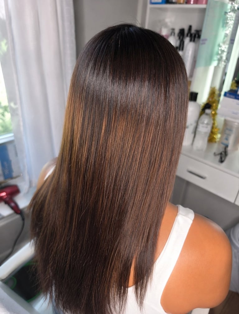 Back view of a woman with long, straight dark brown hair in a bathroom setting