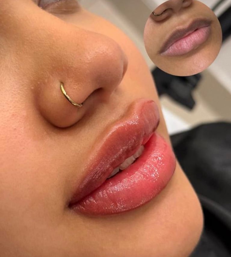Close-up of face showing full lips with pink-red gloss, gold nose ring, and detail inset of the lips