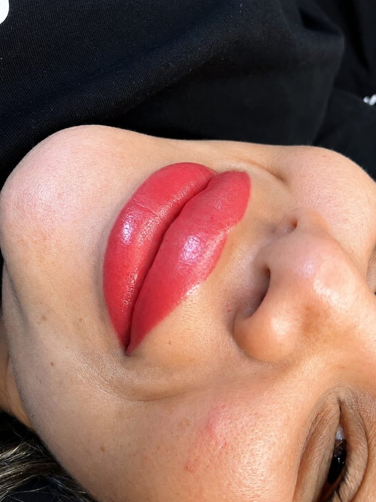 Close-up of a persons face showing bold red lipstick applied to their lips against their skin tone