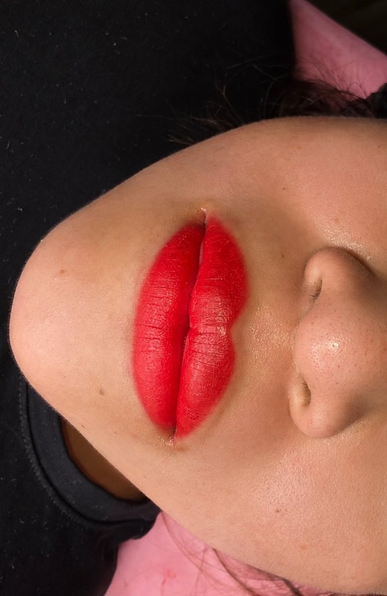 Close-up of a persons face showing bright red lip makeup applied to their lips against a dark background