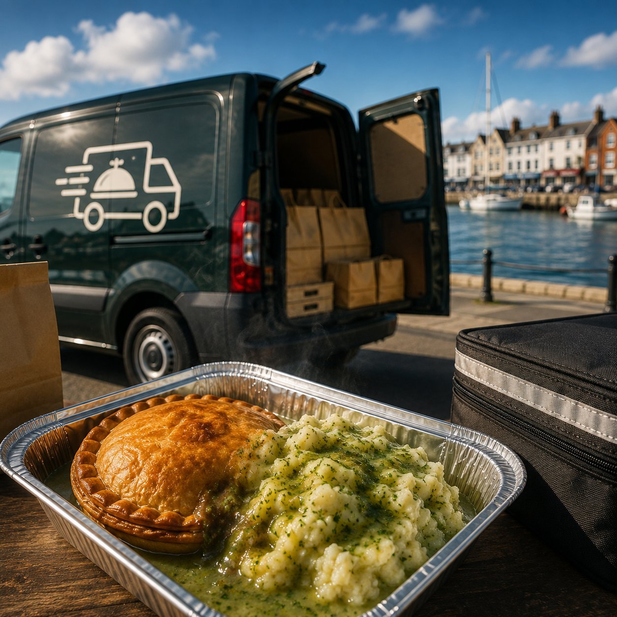 Food delivery van with an open door displaying a meal in an aluminum container at a waterfront location with boats and buildings visible