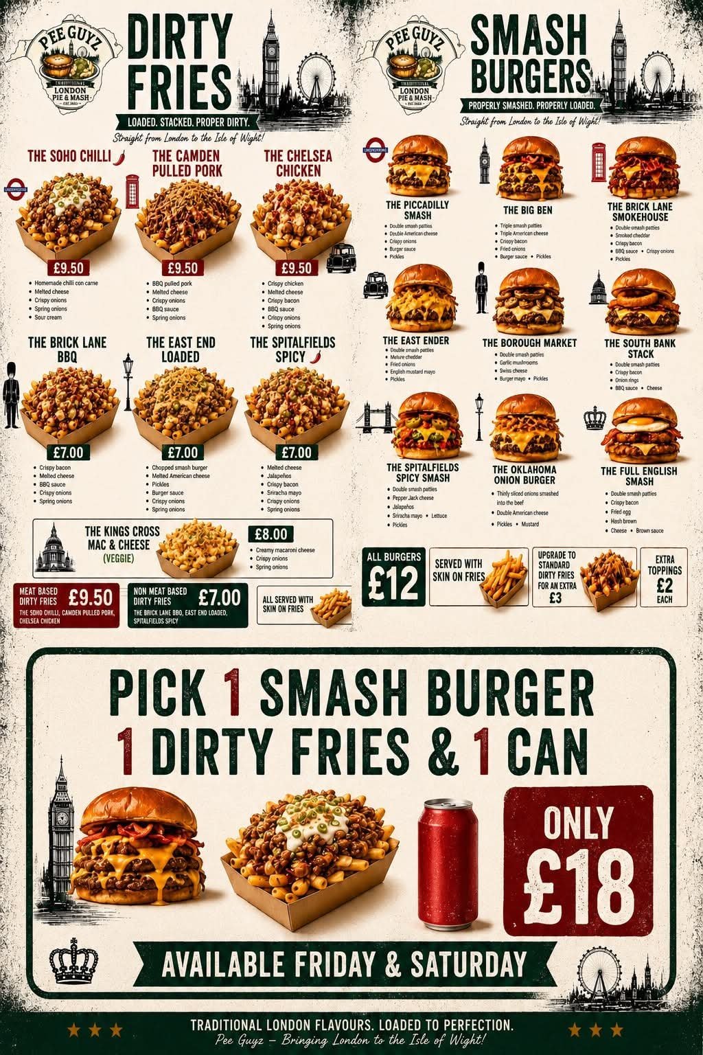 Menu for Dirty Fries and Smash Burgers restaurant featuring various loaded fries and burger options with prices and a meal deal promotion for £18