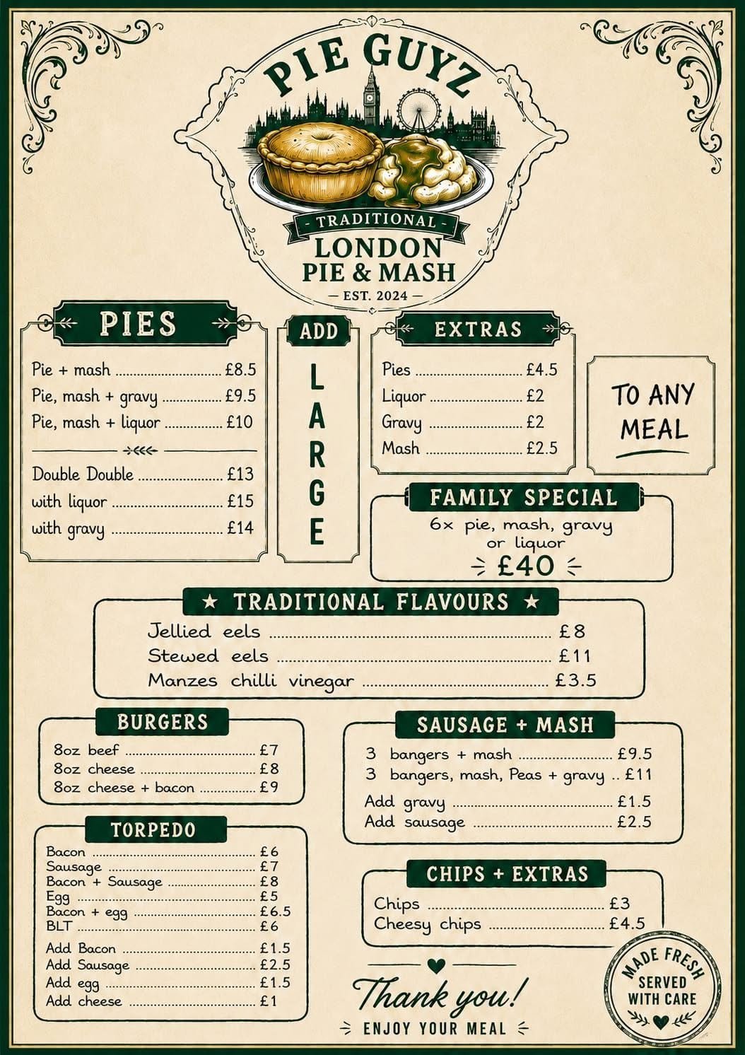 Vintage-style menu for Pie Guys London Pie and Mash restaurant featuring pies, traditional dishes, burgers, and sides with prices