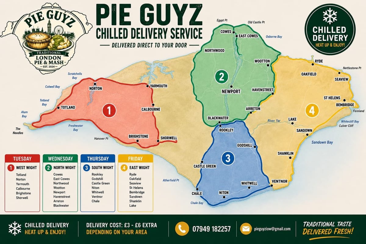 Pie Guyz delivery service map showing four numbered zones covering different areas with chilled delivery service details and restaurant logo