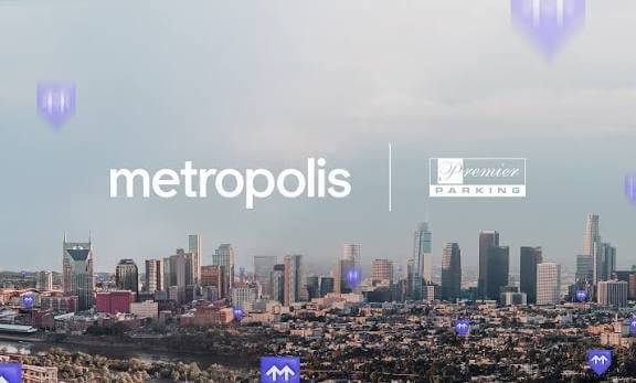 Metropolis and Premier Banking logos overlaid on a cityscape skyline with tall buildings and urban landscape