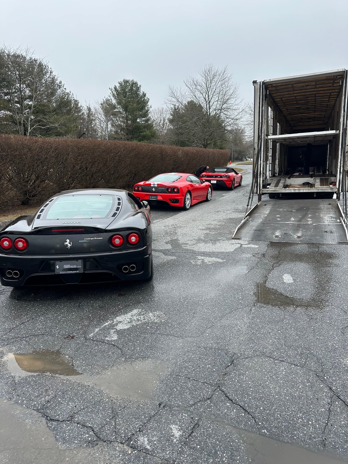 Ferrari sports cars lined up outside a truck with open trailer, bare trees visible in background