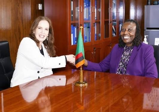 Two women shaking hands at a wooden conference table with a Zambian flag between them in an office setting