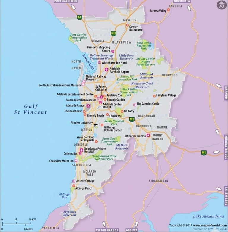 Map of Adelaide, South Australia showing major suburbs, parks, roads, and landmarks including Gulf St Vincent to the west and Lake Alexandria to the southeast.