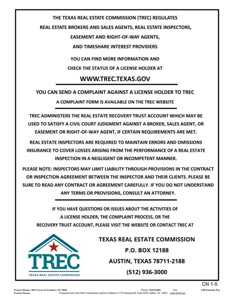 TREC notice informing about Texas Real Estate Commission regulations, complaint procedures, and contact information for license holders and consumers