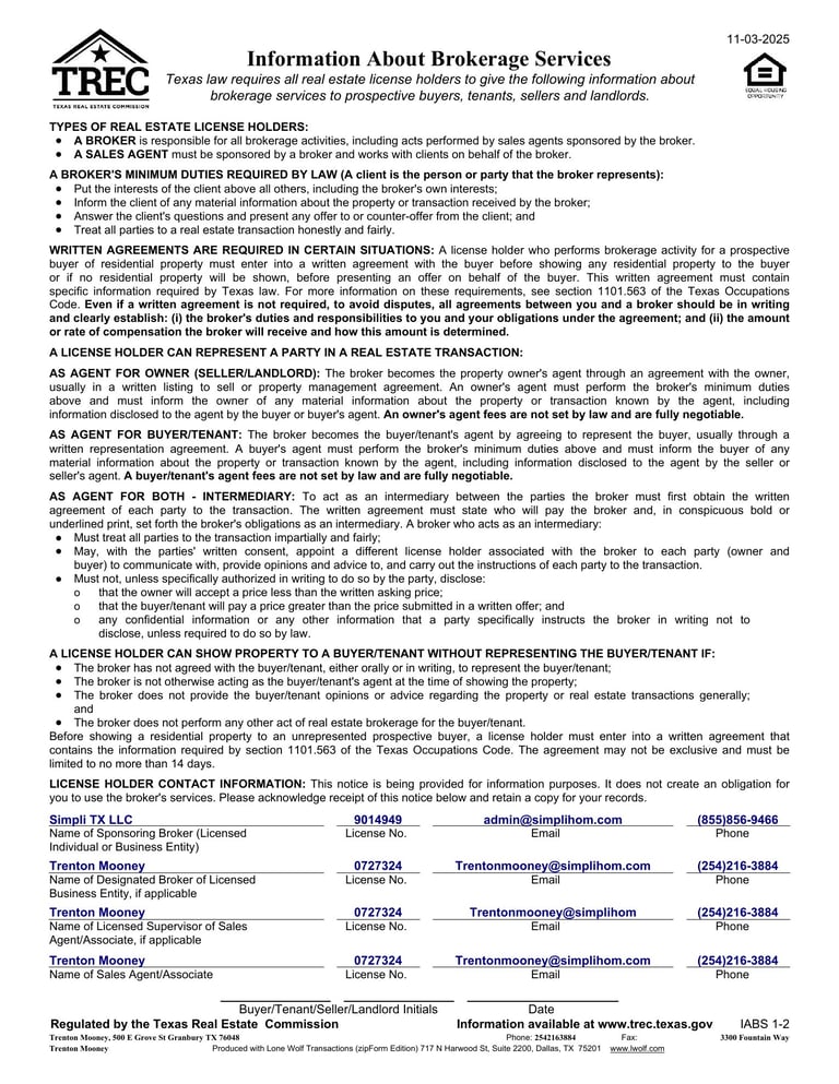 TREC Information About Brokerage Services document detailing Texas real estate broker licensing requirements and responsibilities
