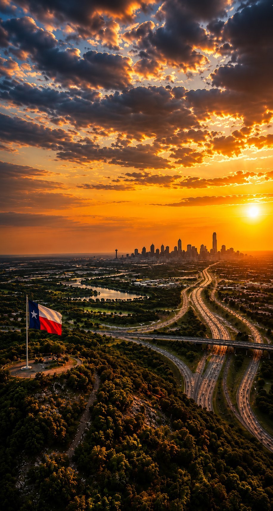 Aerial sunset view of Houston skyline with Texas flag on hillside, winding highway below, and golden clouds overhead
