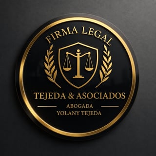Tejeda & Asociados Firma Legal - Gold and black circular law firm logo featuring scales of justice and laurel wreaths