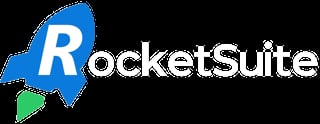 RocketSuite logo with blue rocket shape and green play button icon