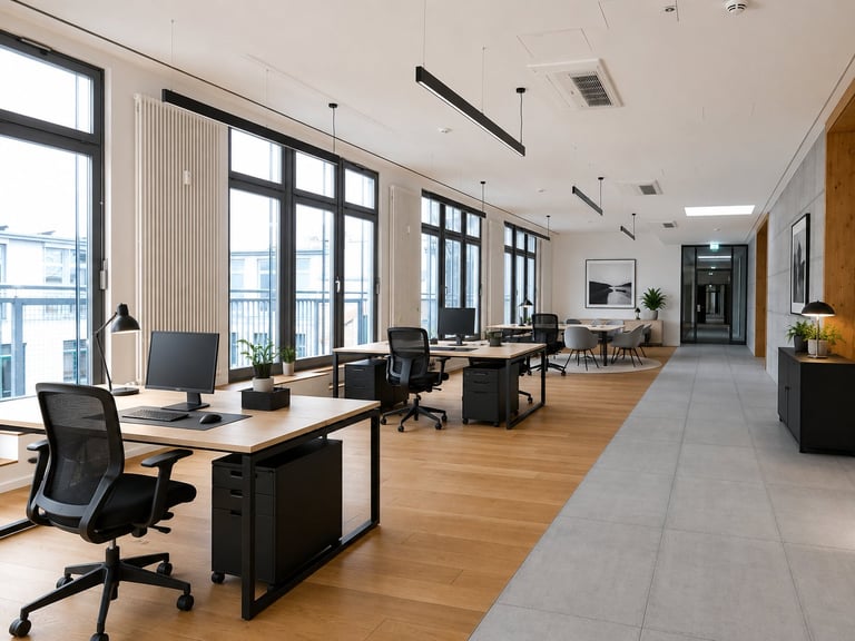 Moderner Open-Plan-Büroraum mit Holztischen, schwarzen Stühlen, großen Fenstern und zeitgemäßer Beleuchtung