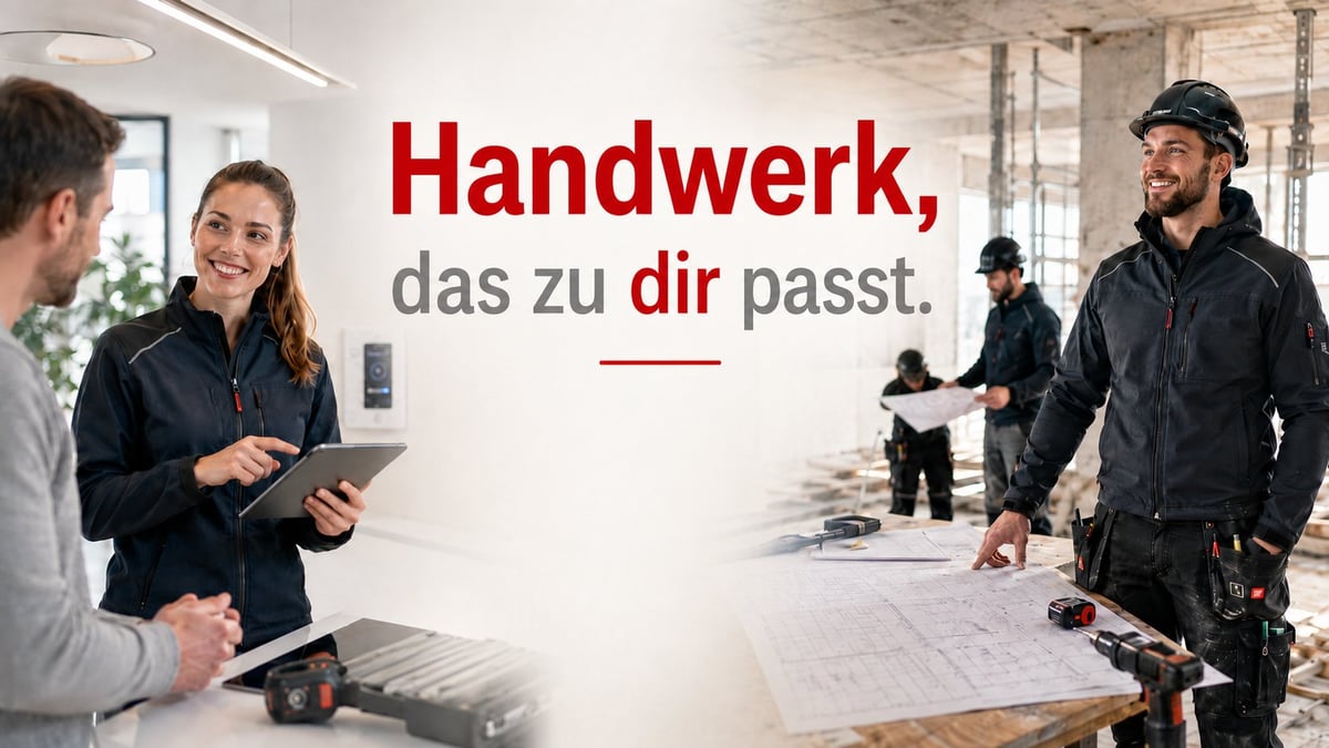 Craftsmanship training advertisement showing instructors and apprentices in a construction workshop with German text about skilled trades
