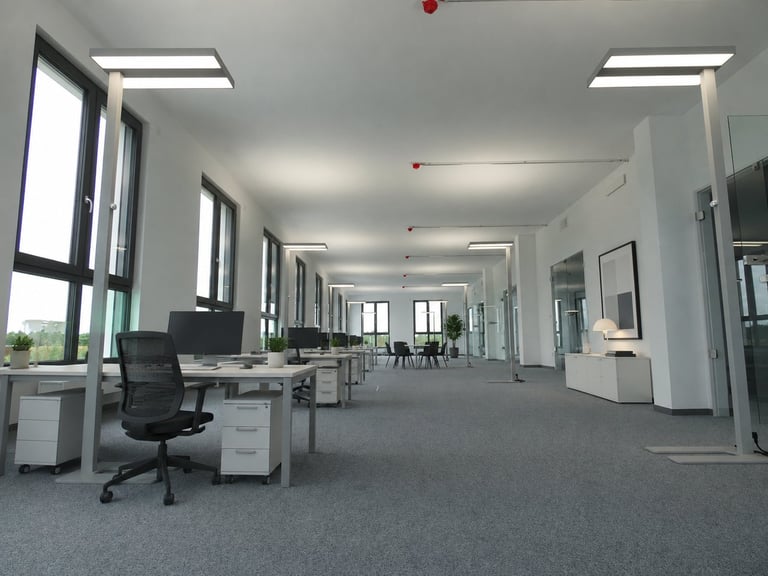 Moderner Open-Plan-Büroraum mit weißen Wänden, Schreibtischen, schwarzem Bürostuhl, Einbauleuchten und großen Fenstern entlang einer Seite