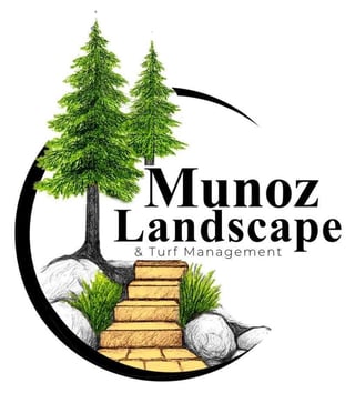 Munoz Landscape and Turf Management logo featuring tall evergreen trees, stone pathway, rocks, and grass within a circular design