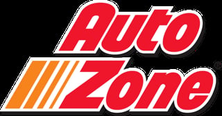 AutoZone logo with red text and orange striped design element
