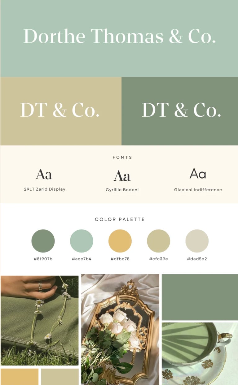 Dorthe Thomas & Co. brand style guide showing logo, fonts, color palette, and lifestyle photography