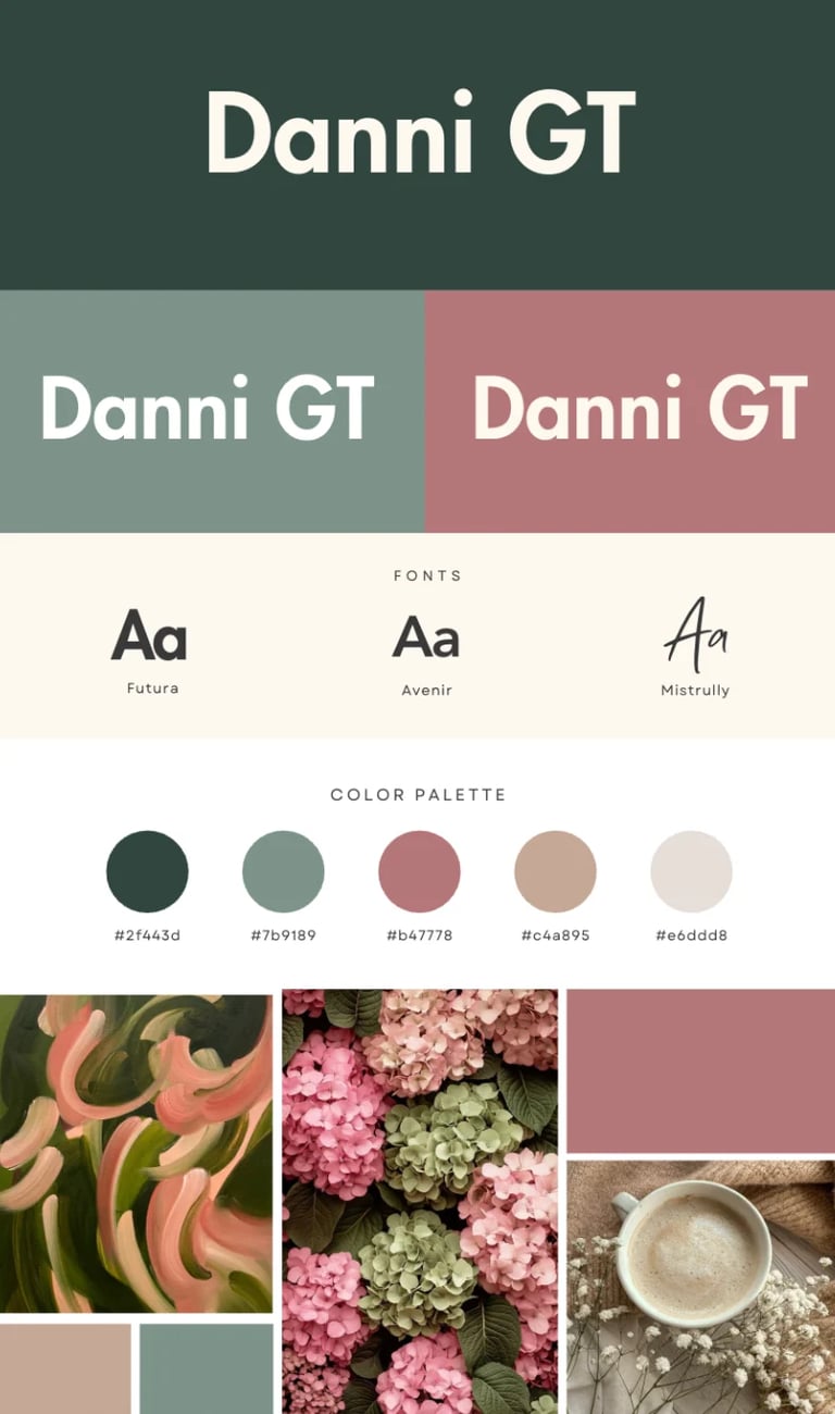 Danni GT brand style guide displaying logo, fonts Futura Avenir and Mistrully, color palette in greens pinks and taupes, and mood board imagery