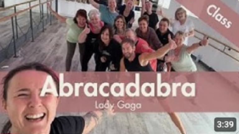 After redesign — polished Lady Gaga 'Abracadabra' dance class thumbnail with brand-typography, group photo and class label