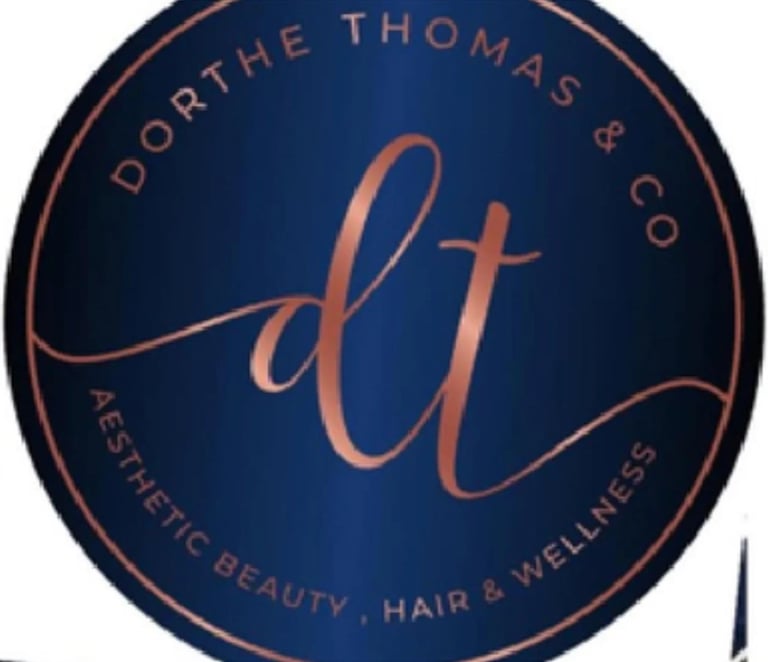 Dorthe Thomas & Co logo with rose gold lettering on dark blue background featuring aesthetic beauty, hair and wellness services