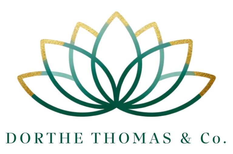 Dorthe Thomas & Co. logo featuring a stylized lotus flower with gold and teal petals