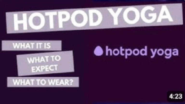 Before redesign — Hotpod Yoga infographic with raw title cards for 'what it is', 'what to expect' and 'what to wear'