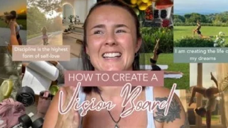 How to Create a Vision Board thumbnail with smiling woman and collage of nature scenes and affirmation text overlays