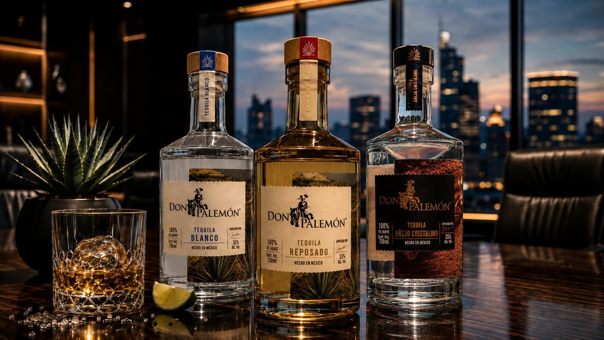 Three bottles of Don Diemon tequila displayed on a bar counter with a cityscape at sunset in the background