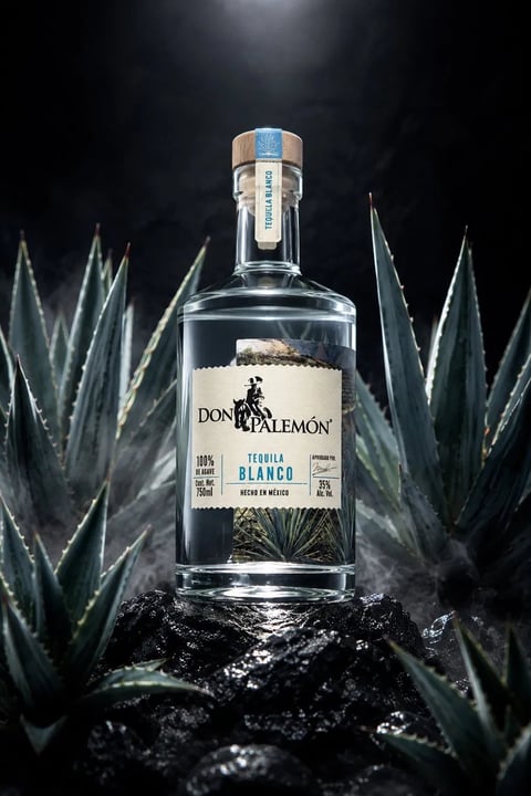 Bottle of Don Palemon Tequila Blanco surrounded by agave plants and dark rocks against a moody black background