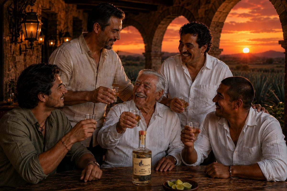 Five men in white shirts gathered around a wooden table enjoying drinks and conversation at sunset under stone arches