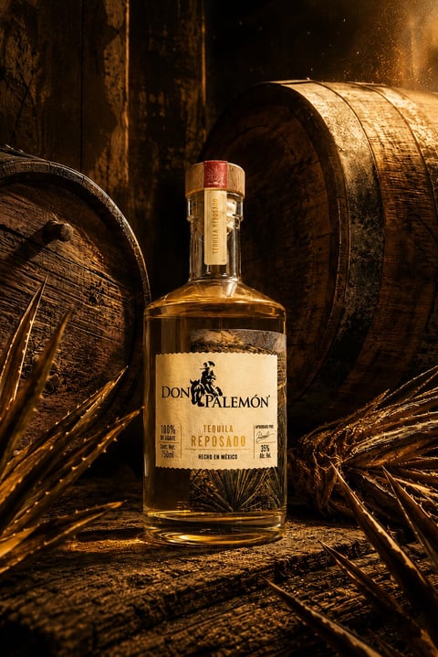 Don Palemon Tequila Reposado bottle surrounded by wooden barrels and agave plants in rustic setting