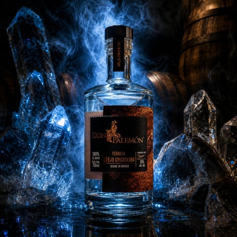 A bottle of Stalémon spirit surrounded by glowing blue ice crystals and wooden barrels in a dark, atmospheric setting