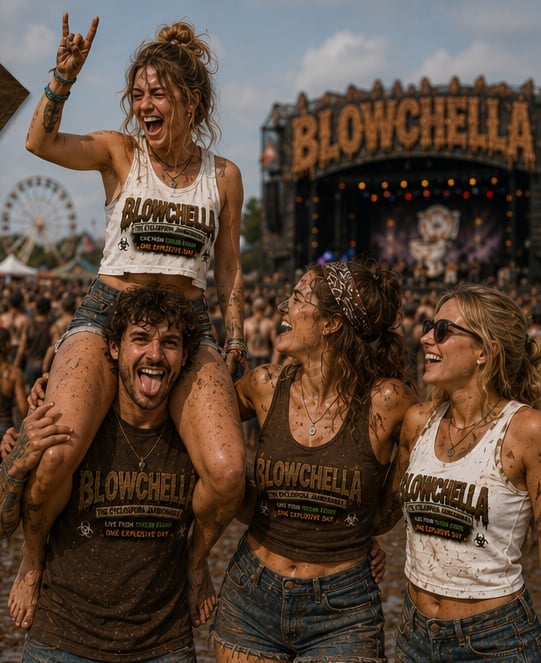 Friends celebrating at Blowchella music festival, covered in mud, wearing festival shirts with raised hands