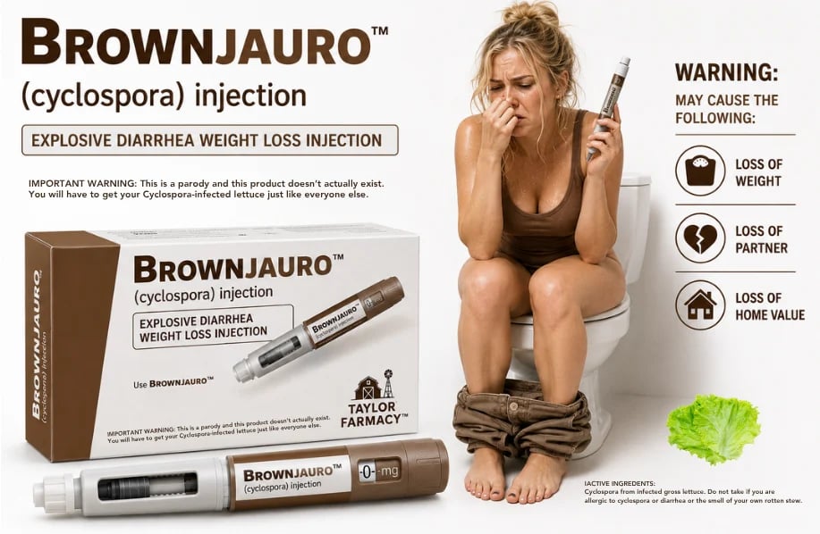 Satirical image mocking weight loss injections, showing fake Brownjauro product packaging and warning of side effects like loss of weight, partner, and home value