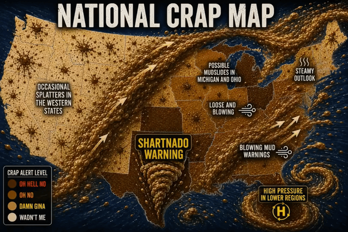 National Crap Map — animated weather map of the United States showing the 2026 Cyclospora outbreak with crap alert levels, splatter warnings, shartnado warnings, and blowings mud across the country.