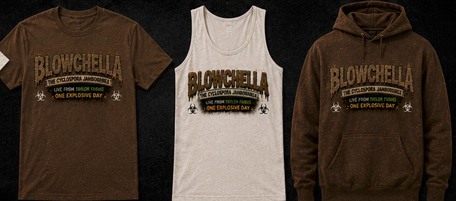 Three Blowchella apparel items displayed: brown t-shirt, white sleeveless tank, and brown hoodie with band logo graphic