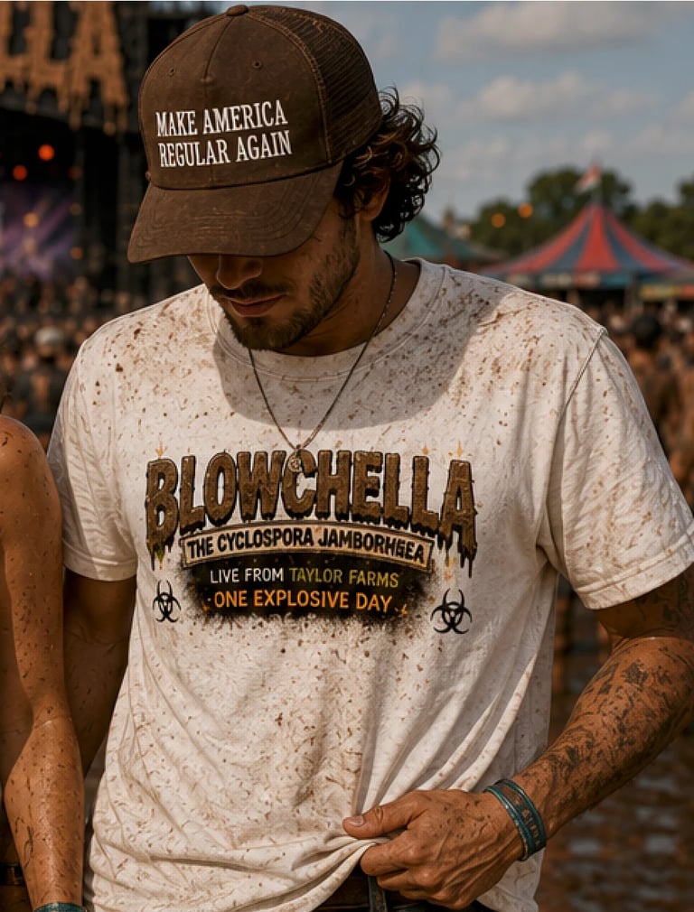 Man wearing Make America Regular Again cap and Blowchella graphic t-shirt at an outdoor festival with crowd and tent in background