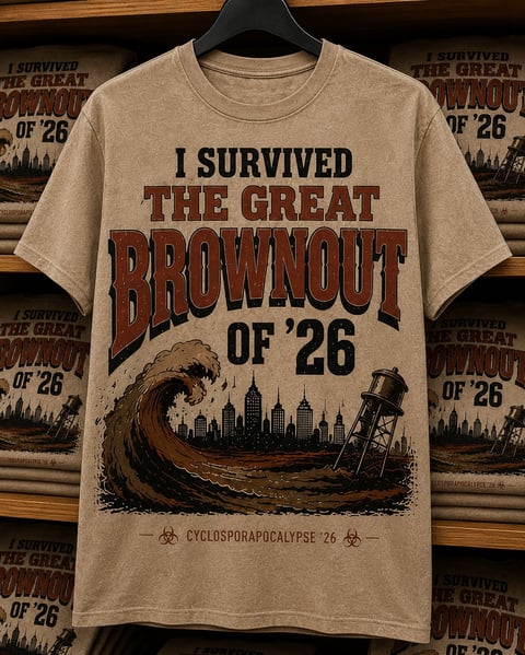 Beige t-shirt with I Survived The Great Brownout of 26 text and graphic of large wave over cityscape