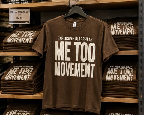 Brown t-shirt displayed on shelf with text reading Explosive Diarrhea? ME TOO MOVEMENT priced at $24.99