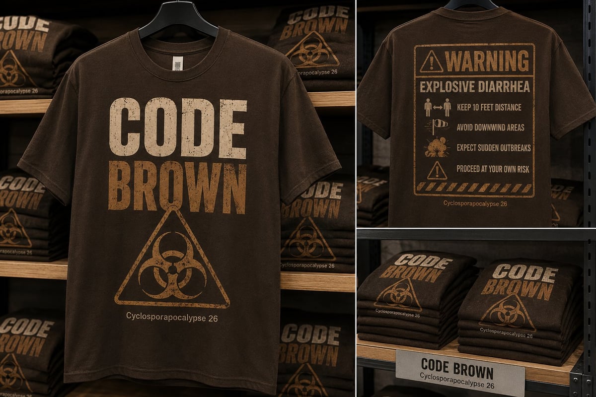 CODE BROWN brown t-shirt with biohazard symbol and warning label displayed on clothing rack with folded shirts