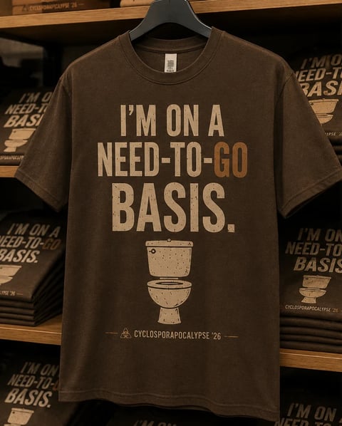 Brown t-shirt with humorous text IM ON A NEED-TO-GO BASIS and toilet illustration, displayed on hanger