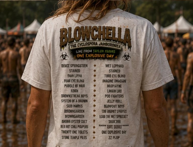 Person wearing a Blowchella music festival t-shirt with band lineup list printed on back at an outdoor festival